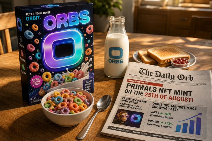 A box of "ORBS" colorful cereal with milk and a bowl sits on a wooden table next to a glass bottle of "ORBS" milk, alongside a newspaper headline reading "PRIMALS NFT MINT ON THE 25TH OF AUGUST!" featuring details about ORBS NFT MARKETPLACE growth. The image cleverly ties the breakfast-themed visual to the post's announcement of Orbisonsol.io—Solana's NFT marketplace—where users can trade over 300 NFT projects.