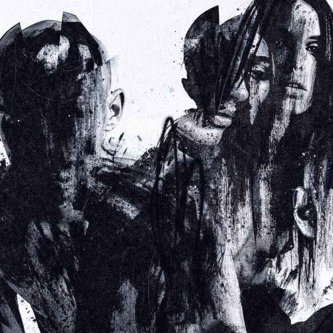 A black and white artistic double exposure photograph shows overlapping portraits of two people, rendered with high contrast and grainy, painterly textures.