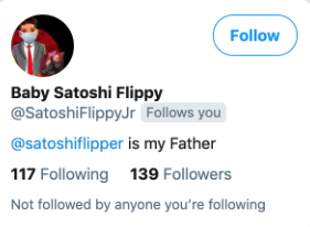 A Twitter profile page for "Baby Satoshi Flippy" (@SatoshiFlippyJr), which claims "@satoshiflipper is my Father," showing 117 Following and 139 Followers. The profile reflects the 2020 era referenced in the caption, showcasing one of Flipper's themed fan accounts dedicated to the crypto influencer.