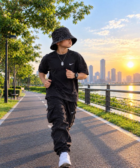 A young person dressed in a black Nike outfit and bucket hat jogging along a tree-lined waterfront path at golden hour, with a modern city skyline visible across the water.