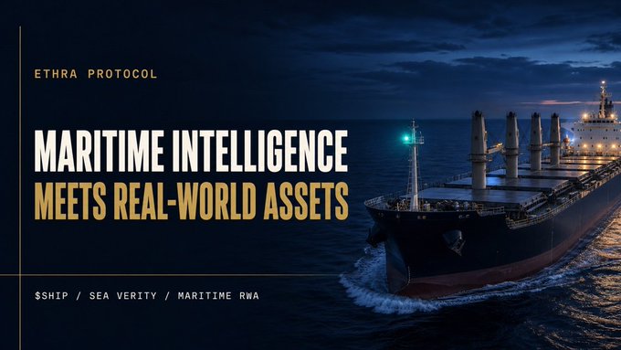 A promotional banner for ETHRA Protocol reading "MARITIME INTELLIGENCE MEETS REAL-WORLD ASSETS" alongside an image of a large cargo ship at sea.