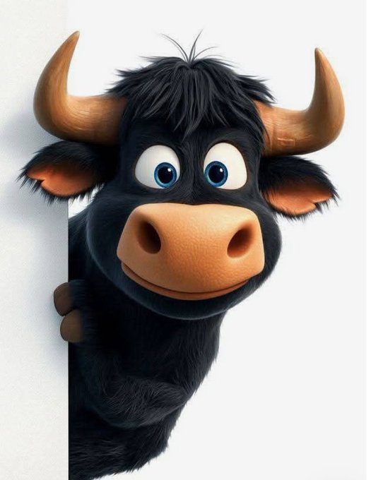 A 3D-rendered cartoon black bull with large blue eyes, tan horns, and pink inner ears peeks playfully from behind a white edge.