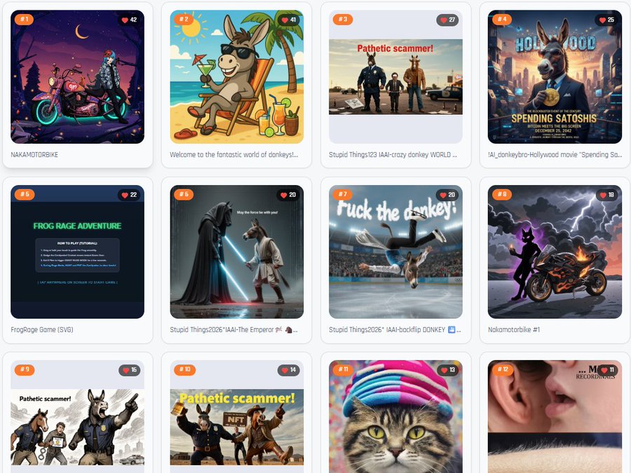 A grid of digital art NFT images, many featuring donkeys, including titles like "Welcome to the fantastic world of donkeys!" and "Stupid Things123 donkeys WORLD".