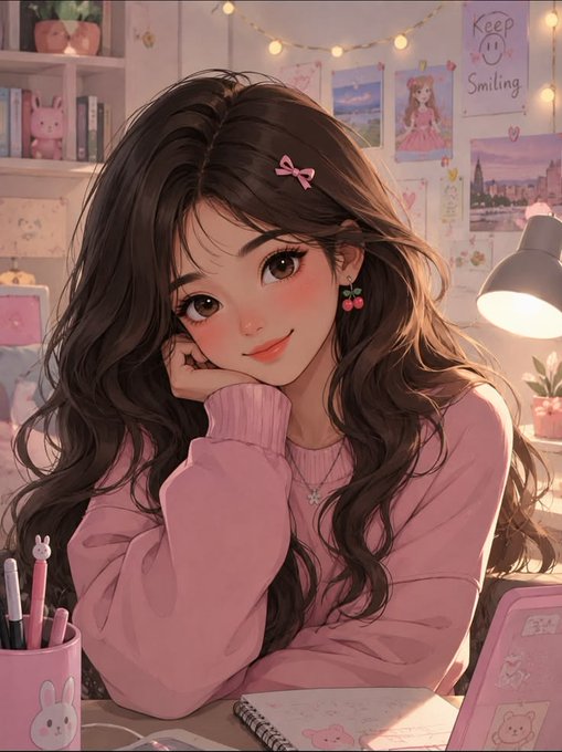 A young woman with long wavy brown hair and a pink bow smiles softly while resting her chin on her hand in a cozy, pastel-toned room adorned with string lights, sketches, and a "Keep Smiling" sign. The image's warm, creative aesthetic aligns with the post's message of perseverance, focus, and steady grind toward long-term value and authentic creation.