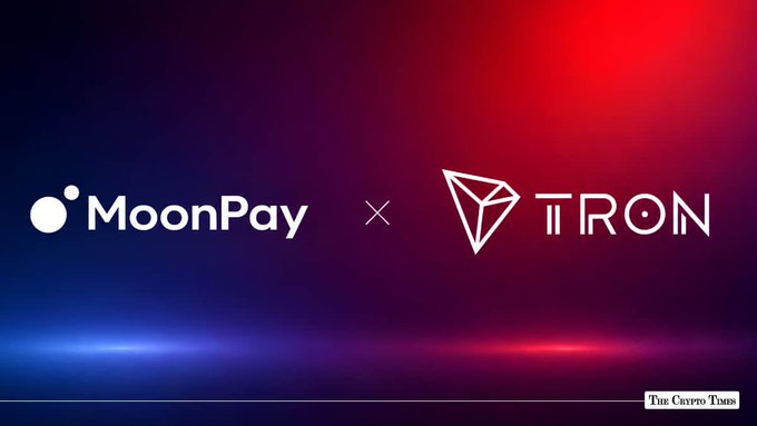A promotional banner displaying the logos of MoonPay and TRON (The Crypto Town) separated by an 'x' against a dark red and blue gradient background.