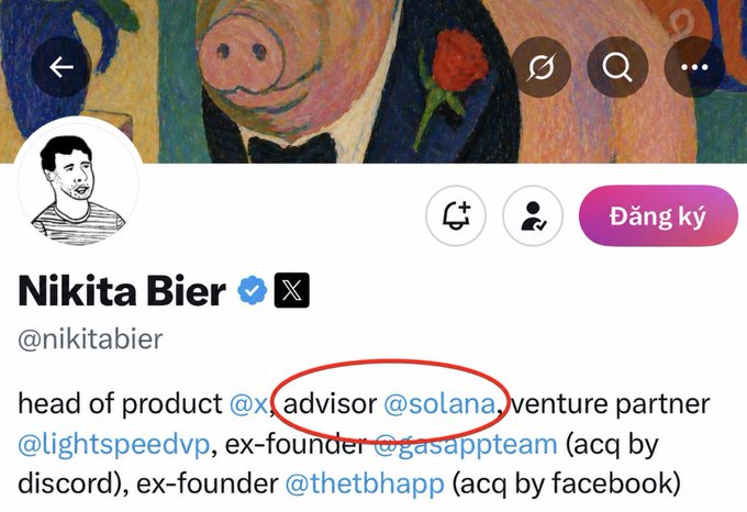 Twitter/X profile of Nikita Bier (@nikitabier) showing bio text: 'head of product @x, advisor @solana, venture partner @lightspeedvp, ex-founder @gasappteam (acq by discord), ex-founder @thetbhapp (acq by facebook)' with @solana circled in red.