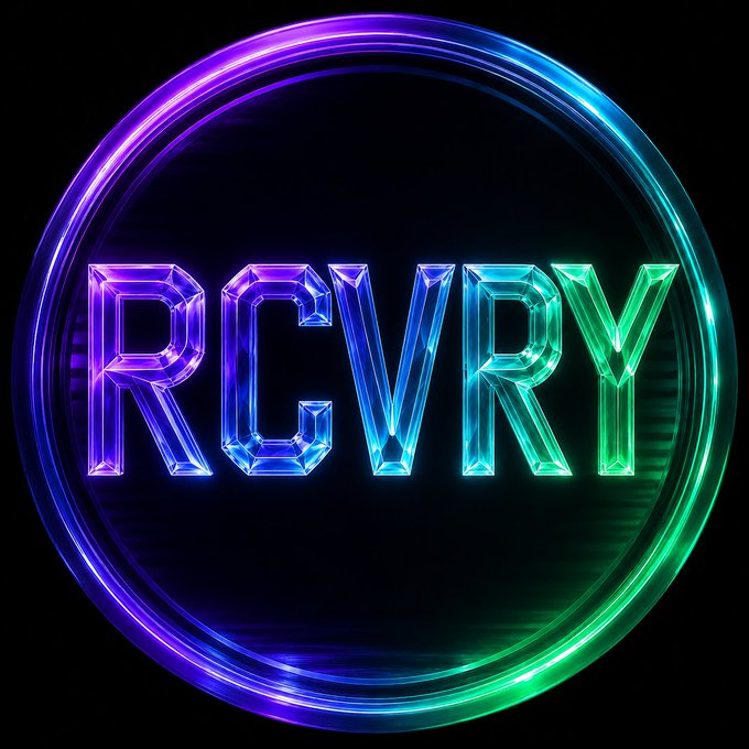 A neon-style circular logo with the word 'RCVRY' in faceted, gem-like lettering that transitions from purple to green against a black background.