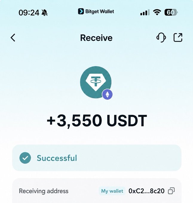 A Bitget Wallet app screenshot showing a successful transfer receiving +3,550 USDT to a wallet address starting with 0xC2...8c20.