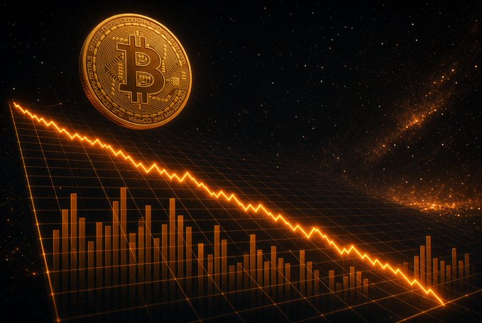 A glowing orange line chart trending downward across a starry background, accompanied by a Bitcoin coin and bar graphs, visually represents the ongoing decline Bitcoin has experienced since failing to reclaim the $50,000 mark.