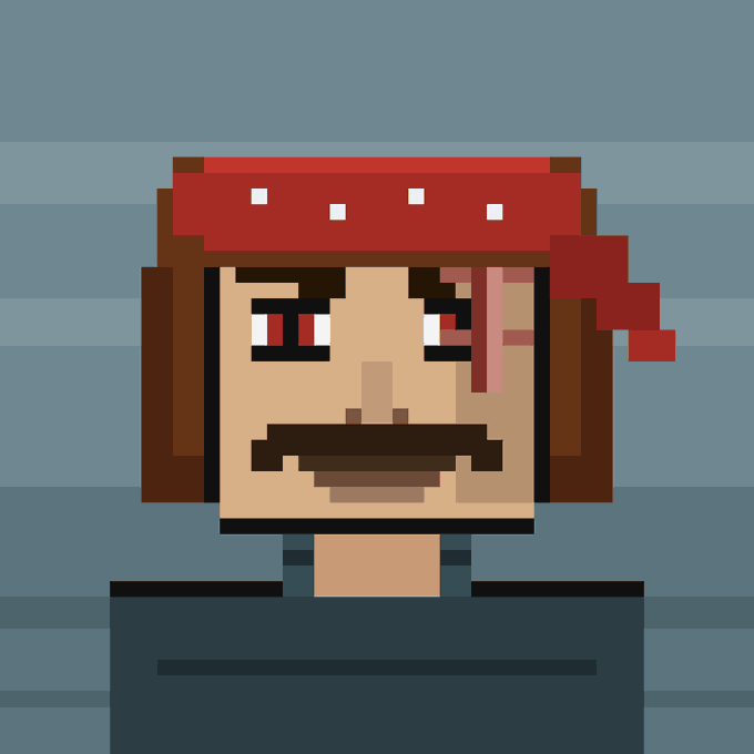 A pixel art illustration depicts a character with brown hair, a red bandana, red eyes, and a mustache against a blue gradient background.