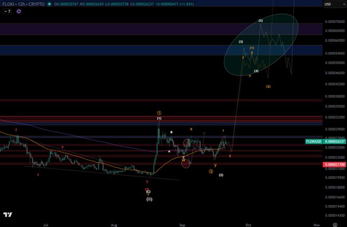 A cryptocurrency chart for FLOKI/USD on the 12-hour timeframe showing a current price of 0.00002170 with a +1.83% change, featuring various technical analysis annotations, numbered wave patterns, and support/resistance levels from July through November.