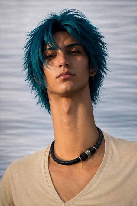 A stylized portrait of a person with vibrant teal-blue hair wearing a beige v-neck shirt and a black braided necklace, set against a textured background.