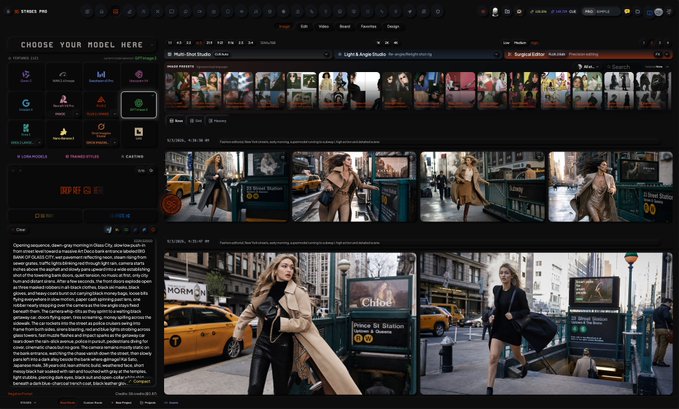 A screenshot of a web-based AI image generation tool showing various models and a chat prompt to create a 'photorealistic fashion photo' in 'Prinz de Blossom' style, with generated images of a woman on a city street.