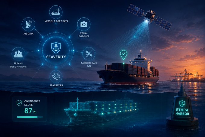 An infographic displays maritime surveillance technology with a central 'SEAVERITY' hub connecting icons for vessel data, AIS data, visual evidence, satellite data, human observations, and AI analysis, set against a sunset seascape with a cargo ship and a buoy labeled 'ETHRA HARBOR' showing an 87% confidence score.