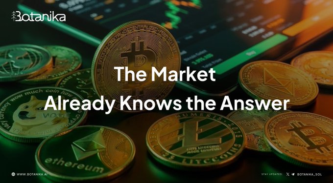 A Botanika AI promotional graphic featuring physical Bitcoin and Ethereum coins on top of a trading chart, with the text 'The Market Already Knows the Answer.'