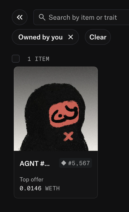 A digital NFT marketplace listing for 'AGNT #' with a top offer of 0.0146 WETH, showing a dark hooded figure with red Arabic-style calligraphy.