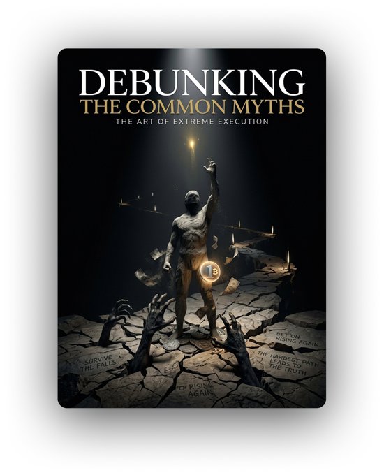 A dramatic book cover titled 'DEBUNKING THE COMMON MYTHS: THE ART OF EXTREME EXECUTION' featuring a figure holding a glowing coin labeled '1B' amid reaching hands.