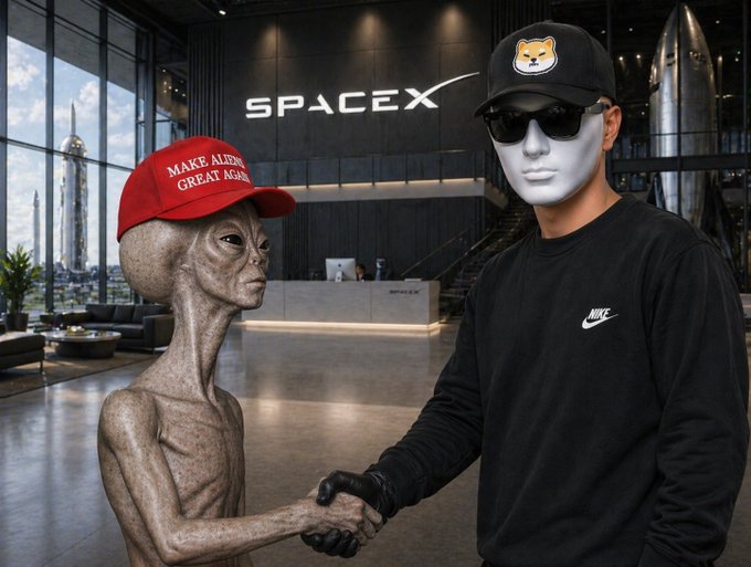 An alien wearing a red "MAKE ALIENS GREAT AGAIN" cap shakes hands with a person in a black "SpaceX"-branded lobby, illustrating the post's satirical claim that aliens support the MAGA movement and have arrived on Earth.