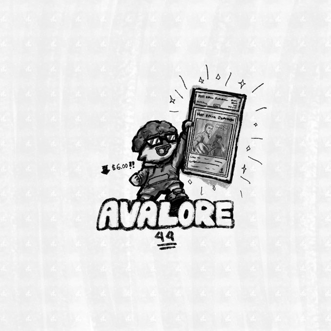 The image features a cartoon character, likely a boy or a girl, holding up a card with a picture of a man on it. The text "AVALORE 44!" is written below the card. The background of the image is white, which contrasts with the black and white color scheme used for the illustration. The caption at the bottom of the image reads: "Avalore Week 44! A wise man once told me, 'AVAX is at 6 fking dollars and you're still writing Avalore--take a break!"