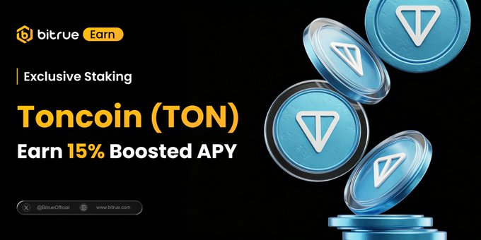 The image is a promotional banner for Bitcoin exchange, TON coin (TON). It features three blue TON coins placed above each other and a white "T" symbol at the bottom center of one of them. The text displayed beneath the coins highlights that the TON coin has an exclusive stake system with 15% APY fees and is currently live for 21 days, making it accessible to users who want to put their $TON in. The banner also includes the words "Mass adoption" and "Focus on what is in the image".