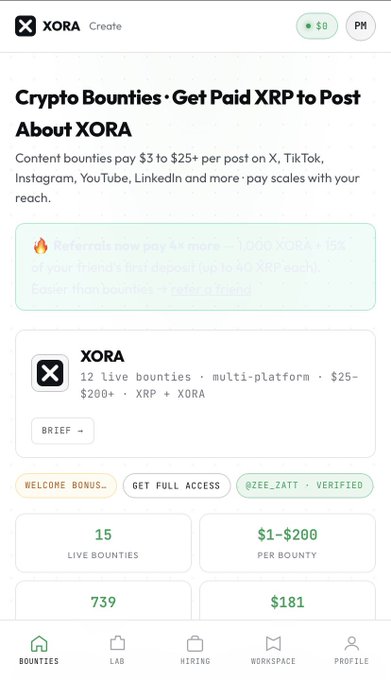 A mobile app screenshot for XORA showing 'Crypto Bounties: Get Paid XRP to Post About XORA' with 12 live bounties and payment ranging from $1-$200.