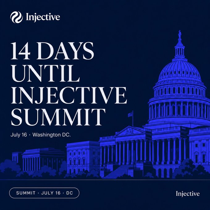 An Injective Summit promotional poster announcing '14 DAYS UNTIL INJECTIVE SUMMIT' on July 16 in Washington DC, featuring a blue-tinted illustration of the US Capitol building.