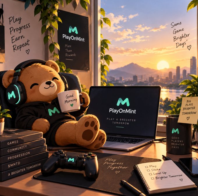 A cozy desk scene with a teddy bear wearing headphones, a PlayOnMint laptop, controller, and books, with slogans "Play Progress Earn Repeat," "Same Game Brighter Days," and "Play A Brighter Tomorrow."