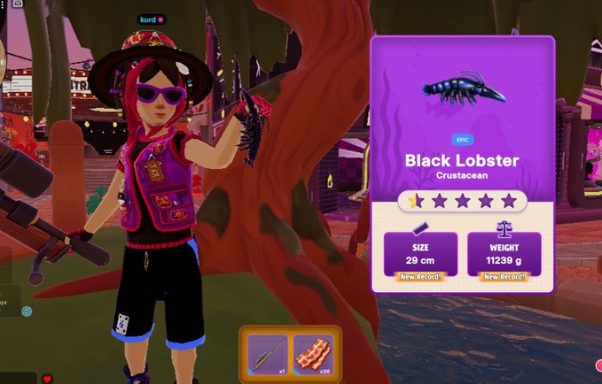A screenshot from a video game showing a character named 'kurd' holding a 'Black Lobster' item card marked as 'Epic' rarity with new record stats of size 29 cm and weight 11239 g.
