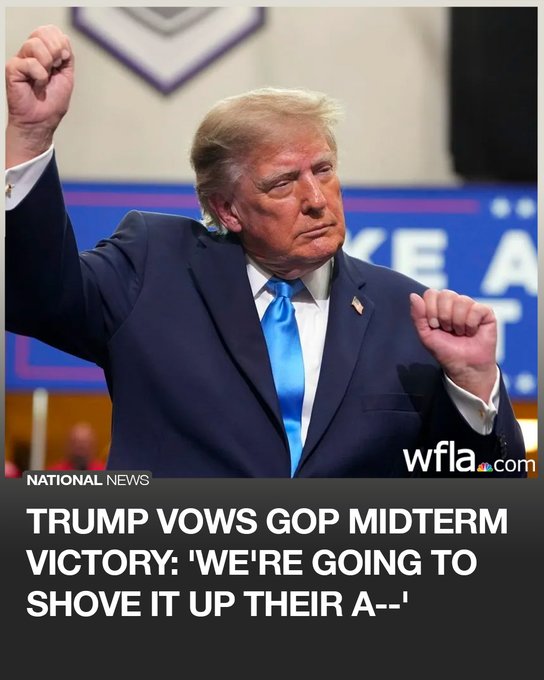 A news photo shows Donald Trump with both fists raised at a rally, with a headline reading 'TRUMP VOWS GOP MIDTERM VICTORY: 'WE'RE GOING TO SHOVE IT UP THEIR A--'' from wfla.com National News.
