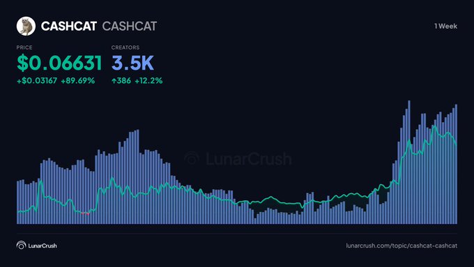 A LunarCrush dashboard displays $CASHCAT with a price of $0.06631, up 89.69% (+$0.03167) over the past week, alongside 3.5K creators (+12.2%). The accompanying chart visualizes the token's significant weekly price surge, supporting the post's claim that "$CASHCAT is up 90% this week."