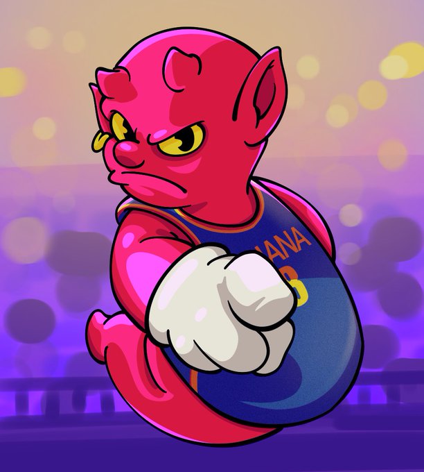 Digital illustration of a pink devil-like character with small horns and yellow eyes, wearing a blue Indiana jersey, posed with a clenched white-gloved fist in a fighting stance.