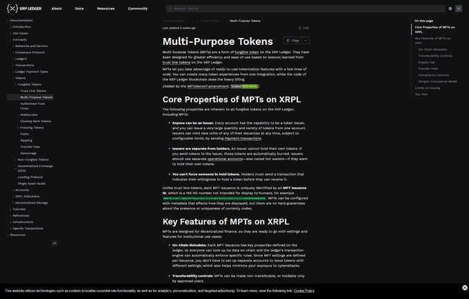 A dark-themed screenshot of the XRP Ledger documentation page for "Multi-Purpose Tokens" (MPTs), displaying technical details about fungible tokens on the XRPL, including Core Properties and Key Features. The image relates to the accompanying post about XRP's institutional adoption by showcasing the technical framework (MPTs) that supports tokenization and regulated assets on the XRPL—features that the post suggests have been thoroughly tested and are ready for broader implementation.