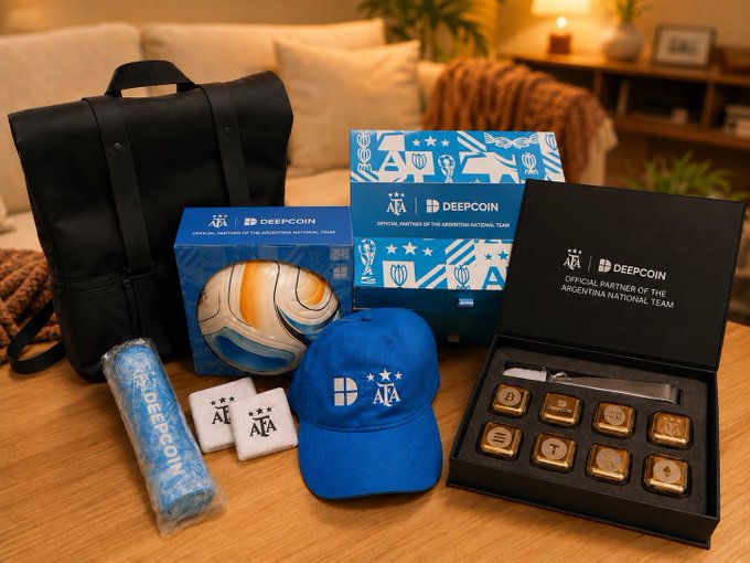 A promotional merchandise spread for DEEPCOIN as Official Partner of the Argentina National Team (AFA), featuring a black backpack, soccer ball, blue cap, wristbands, towel, and a box of chocolates on a wooden table.