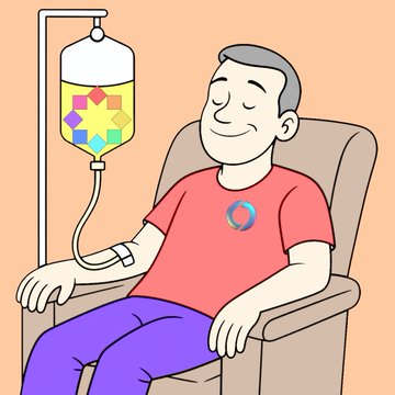 A cartoon illustration of a smiling man in a red shirt receiving an IV drip filled with colorful cubes, sitting in a beige chair.