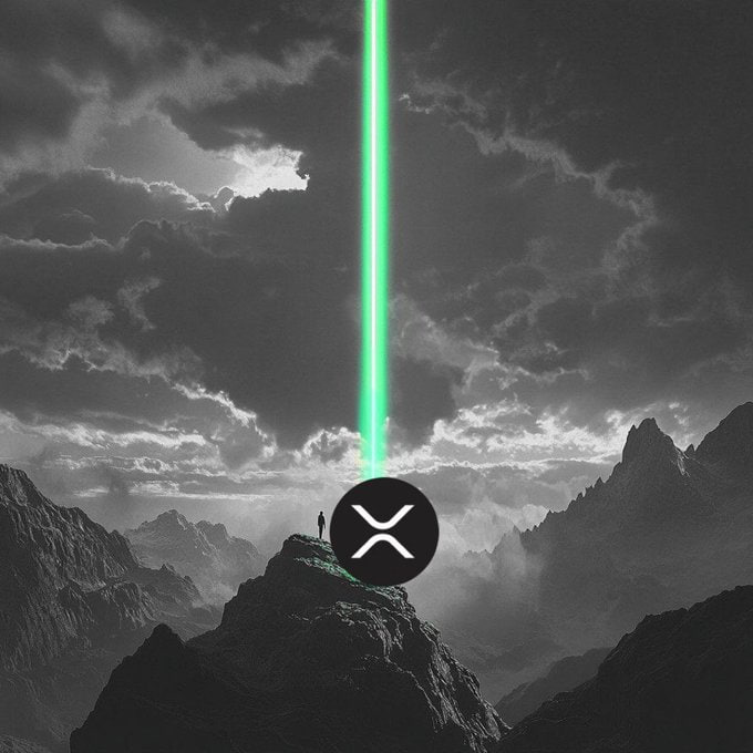 The image features a person standing at the top of a mountain, with a green laser beam coming from above them. The sky behind them is filled with clouds, creating an atmospheric setting for the scene. The caption "The silence isn't weakness. It's pressure. And when XRP breaks out— it'll make the loudest noise this market has ever heard." suggests that there might be some sort of connection between the person and a cryptocurrency called Ripple. This could imply that the individual is either a developer or an enthusiast who is interested in the potential impact of Ripple on the cryptocurrency market, given its recent surge in popularity.