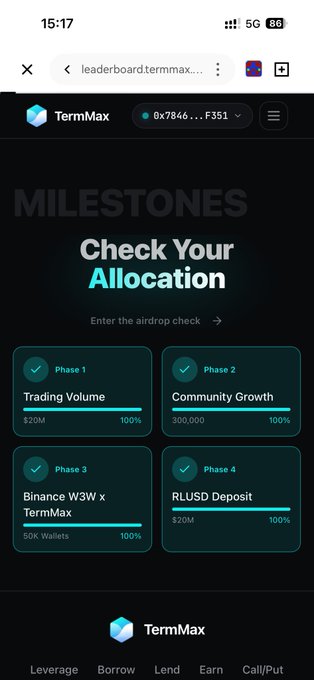 A mobile screenshot of the TermMax leaderboard showing a 'Check Your Allocation' milestones page with all four phases (Trading Volume, Community Growth, Binance W3W x TermMax, RLUSD Deposit) at 100%.