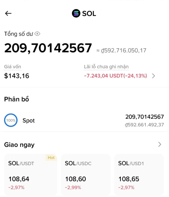 A screenshot of a cryptocurrency exchange showing a SOL balance of 209.70142567 (approximately đ592,716,050.17), with an unrealized loss of -7,243.04 USDT (-24.13%).