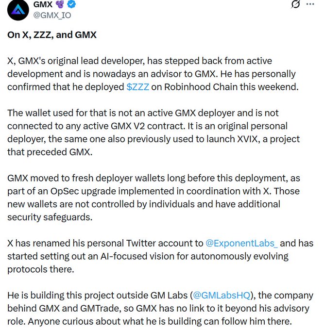 A tweet from GMX (@GMX_IO) clarifying that $ZZZ was deployed on Robinhood Chain by X, GMX's original lead developer, who now serves only as an advisor and is no longer involved in active GMX development. The post references the wallet address "0x7dbf38976f6d3b9c529e7d9484a71898b409ee6a" and announces that X has rebranded to @ExponentLabs_ and is pursuing a separate AI-focused project outside of GM Labs (@GMLabsHQ).