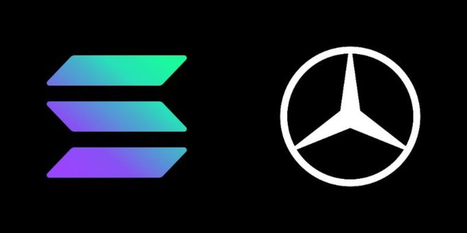 A black background displaying the purple and teal Solana logo next to the white Mercedes-Benz three-pointed star logo.