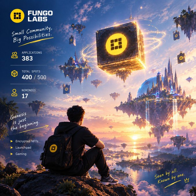 A promotional graphic for 'FUNGO LABS' with stats (400/500 spots, 383 applications, 17 nominees) showing a person watching floating islands and glowing cubes at sunset.