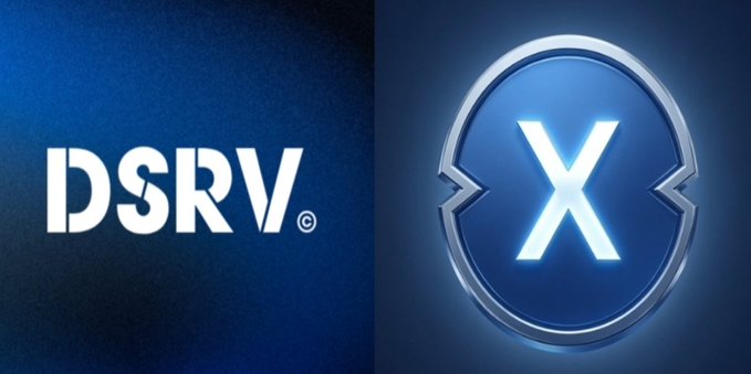 A split-screen logo graphic showing 'DSRV.' on a blue gradient background on the left and a circular emblem with a glowing 'X' on a blue background on the right.