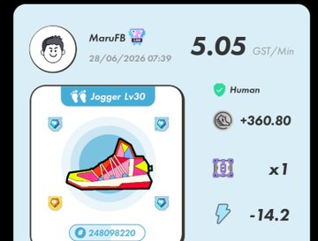 A STEPN app screenshot shows a user named "MaruFB" earning 5.05 GST/Min with a Lv30 Jogger sneaker (ID 248098220) and a +360.80 energy boost, illustrating their morning walking activity despite light rain.