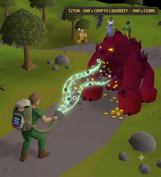 Illustrated scene showing a character spraying cryptocurrency coins into a red monster's mouth, with text reading 'TZTOK-JAD's CRYPTO LIQUIDITY - JAD's COINS'.