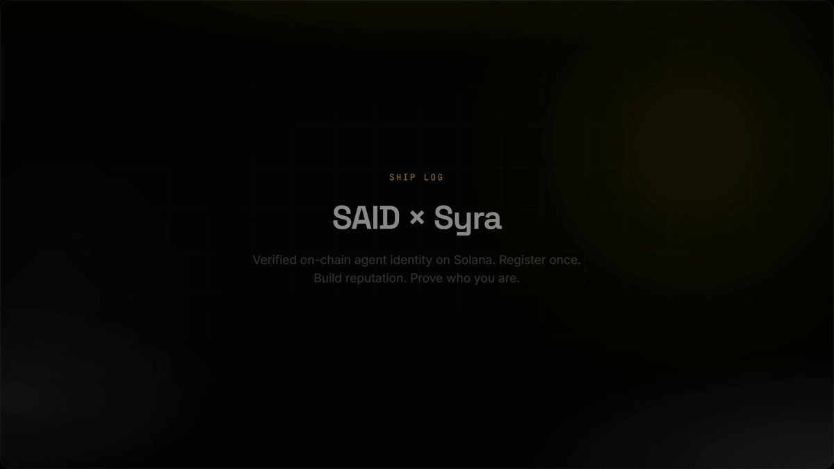 The image shows a screenshot of the social media account "@saidinfra". The caption reads, "Syra just registered on @saidinfra Verified on-chain agent identity, register once, build reputation, prove who you are across platforms." In this post, Syra's identity has been confirmed and she is allowed to use her unique identity for any website or platform. The account also provides a verification link that users can click to verify their identities when needed.
