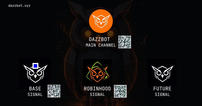 A 'dazzbot.xyz' promotional graphic featuring an owl logo and QR codes for DAZZBOT MAIN CHANNEL, BASE SIGNAL, ROBINHOOD SIGNAL, and FUTURE SIGNAL channels.