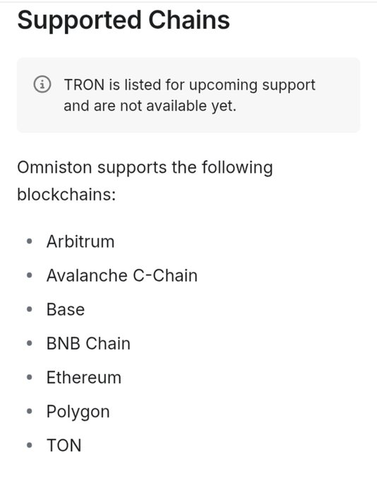 A 'Supported Chains' information panel listing blockchains supported by Omniston, noting TRON is upcoming, and including Arbitrum, Avalanche C-Chain, Base, BNB Chain, Ethereum, Polygon, and TON.