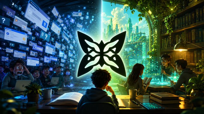 A stylized illustration of people gathered around a glowing butterfly/flower emblem, with a wall of social media screens on one side and a cityscape with bookshelves on the other.
