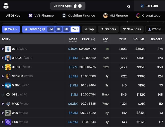 DEX screener dashboard displaying trending tokens on Cronos (WCRO pairs) with metrics like MCAP, price, age, TXNS, volume and traders — including ULTI ($492K), CROCAT ($3.6M), ULTCAT, CRONUS, MERY ($1.0M), OBS, PACK, CAW, and LION ($41.2M).