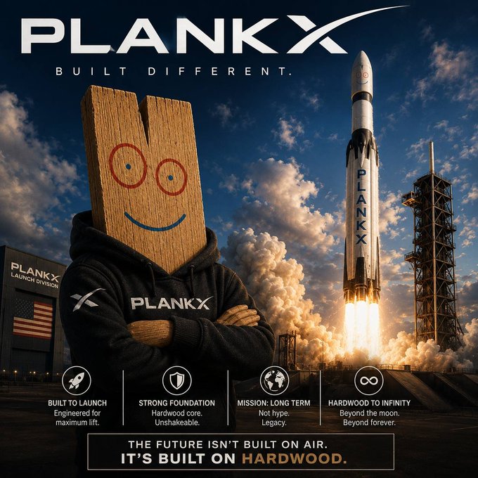 A promotional image for PLANKX features a mascot with a wooden plank head wearing a branded hoodie in front of a rocket launch at the "PLANKX Launch Division," with the tagline "BUILT DIFFERENT" and "THE FUTURE ISN'T BUILT ON AIR. IT'S BUILT ON HARDWOOD."