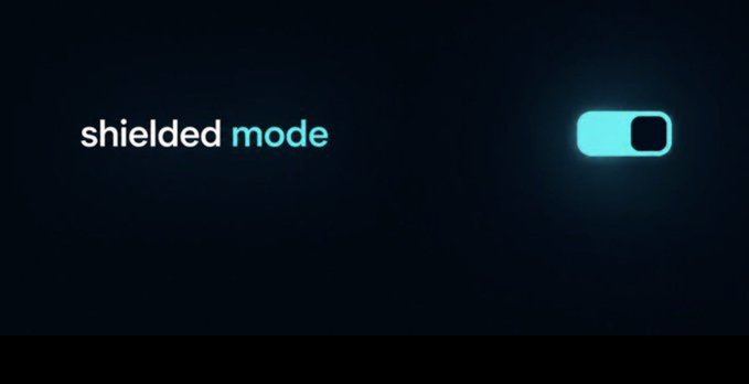 A dark interface screen displaying the text "shielded mode" in white and cyan next to a glowing toggle switch turned on.